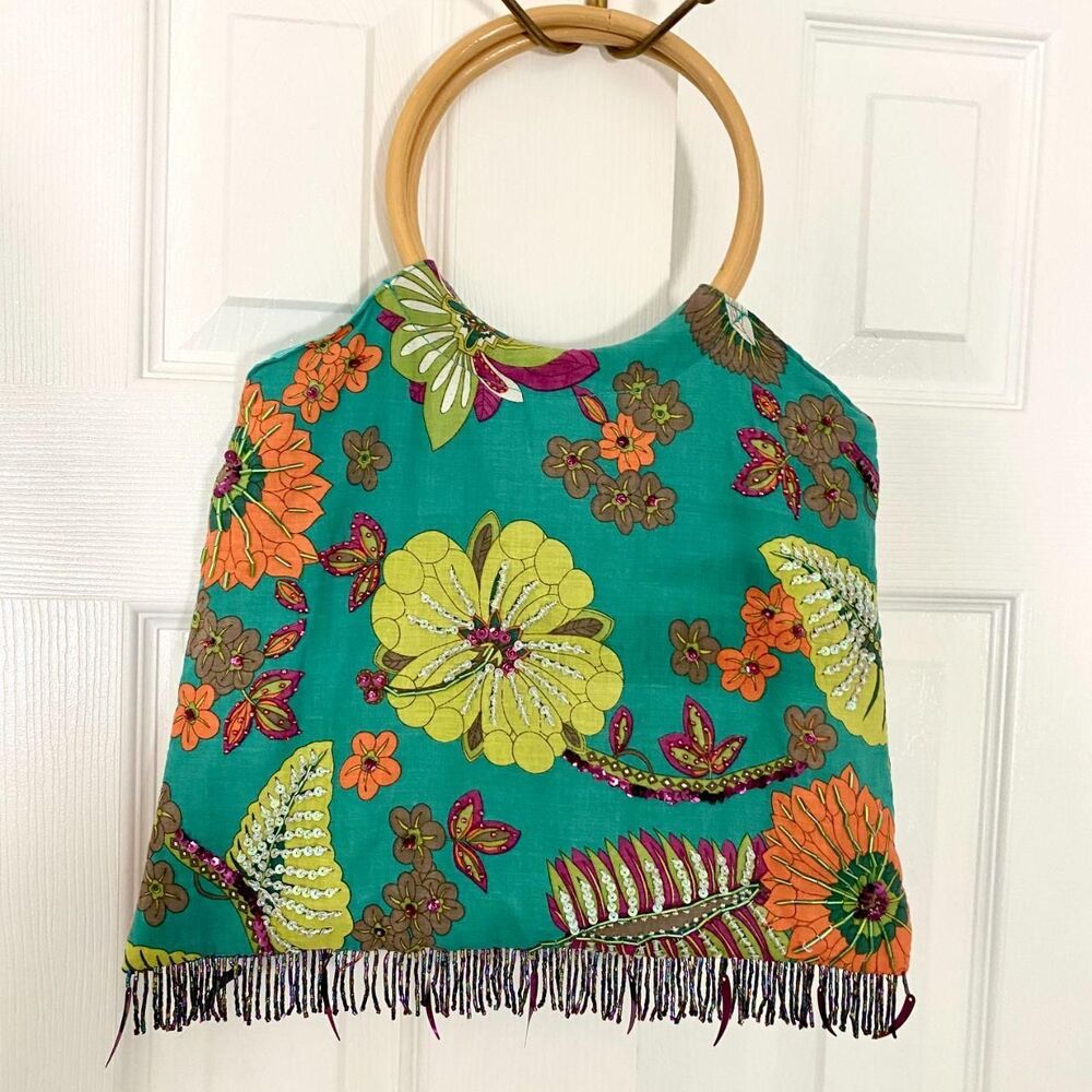 Jafra Boho Beaded Sequin Tropical Fabric Hand Bag / Summer Beach